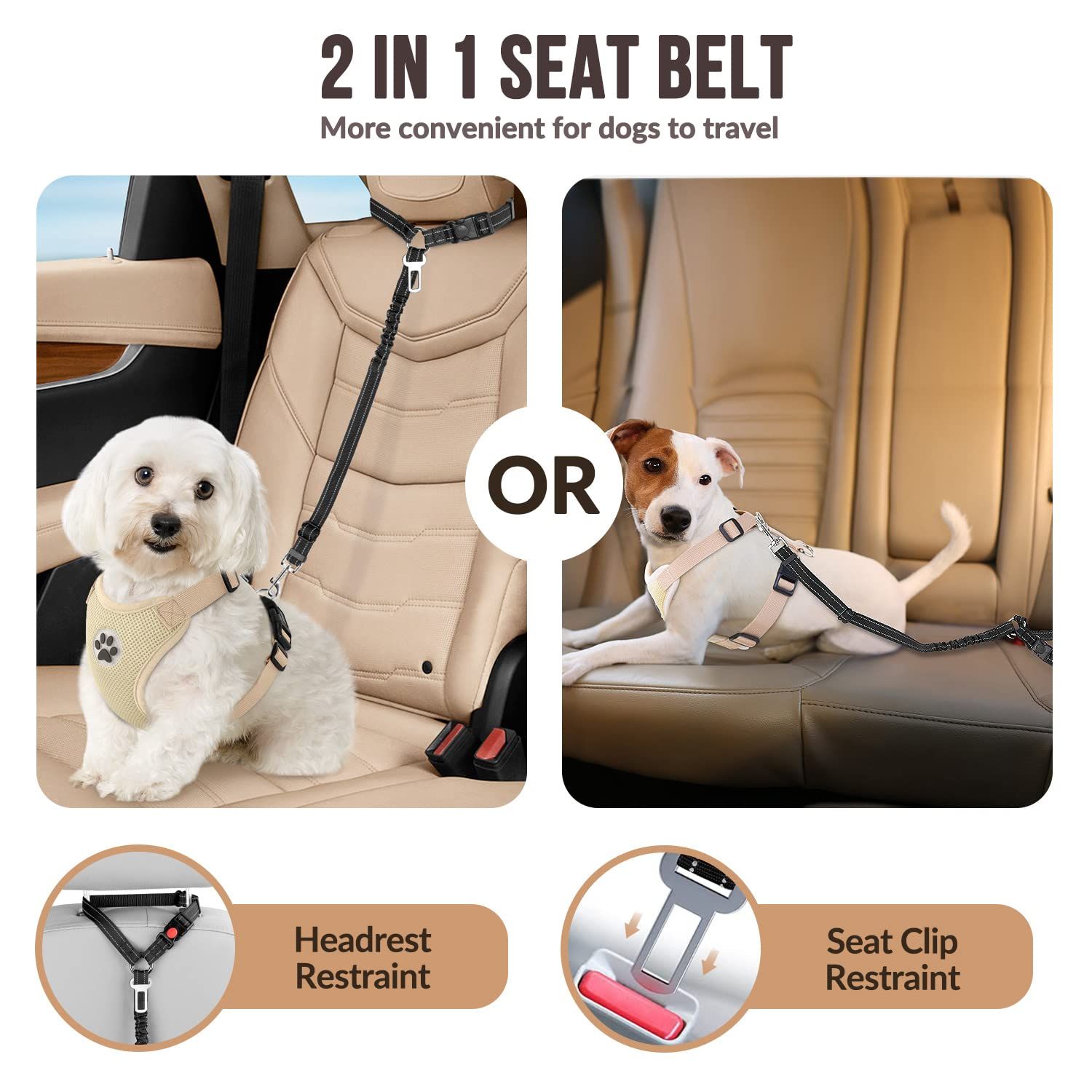 Dog Seat Belt for Car, 2 Pack Dog Car Harness Seatbelt Adjustable with Elastic view 3
