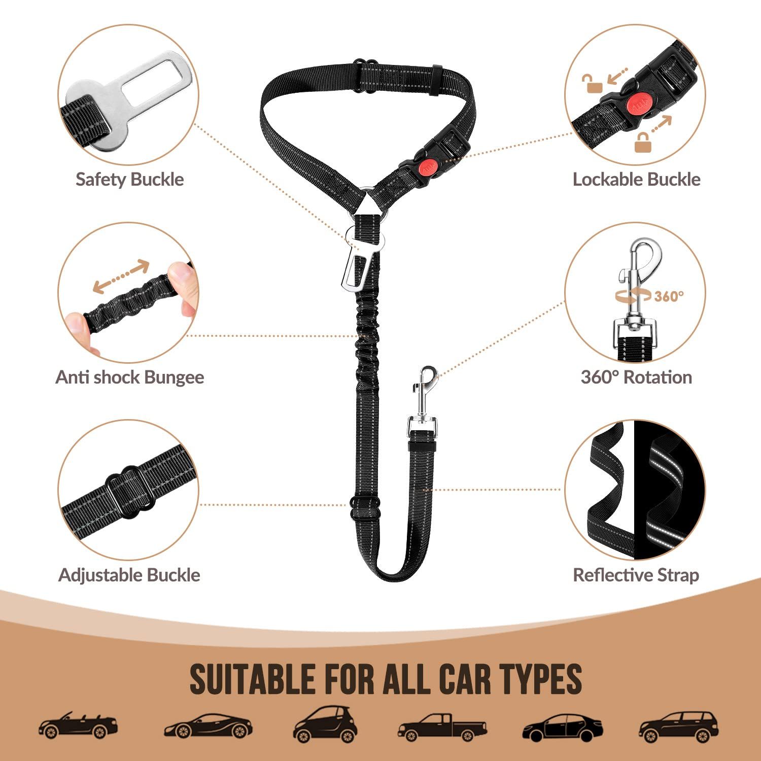Dog Seat Belt for Car, 2 Pack Dog Car Harness Seatbelt Adjustable with Elastic view 4