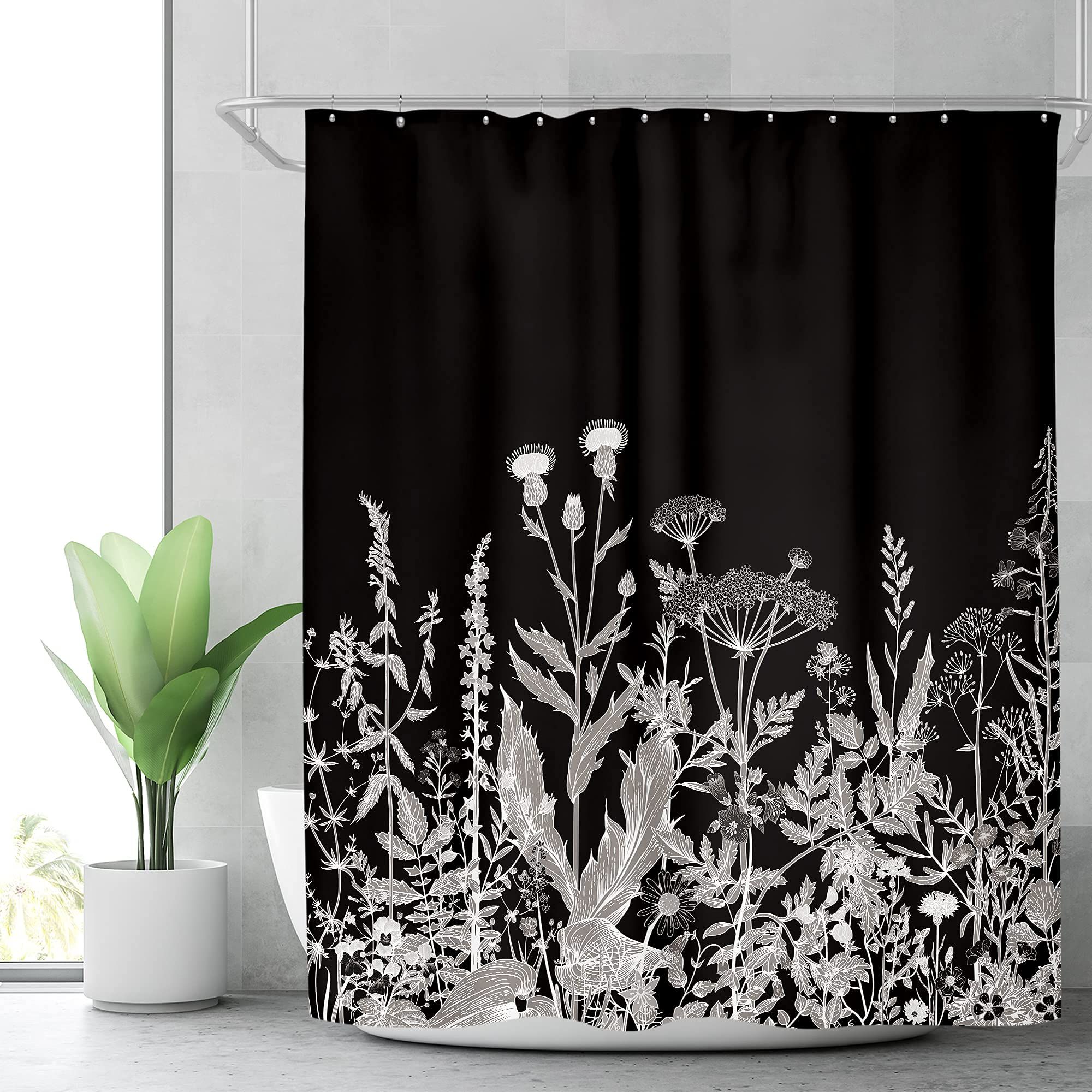Black Floral Wild Wildflower Shower Curtain Botanical Herbs Plant Nature