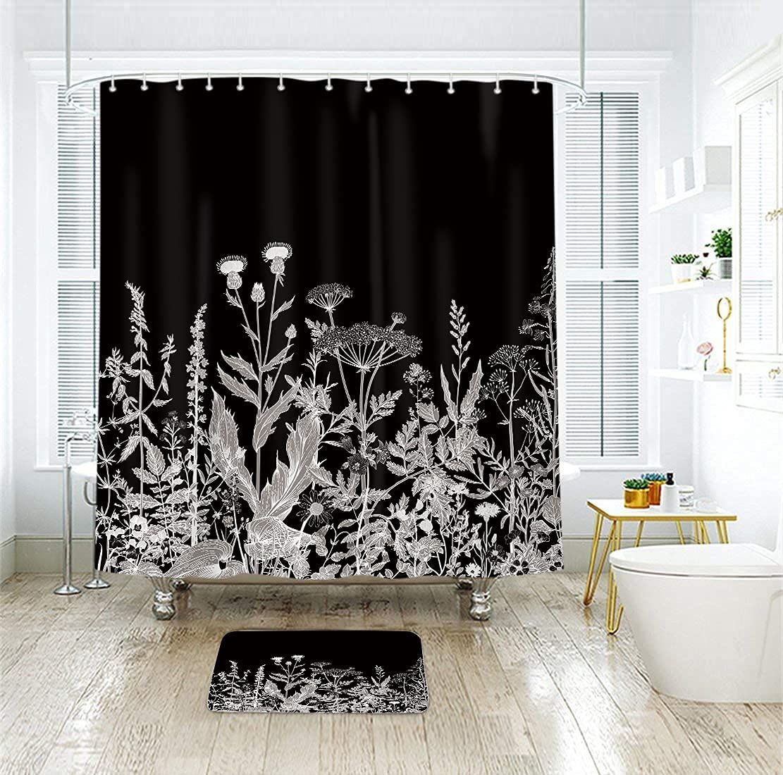 Black Floral Wild Wildflower Shower Curtain Botanical Herbs Plant Nature view 2