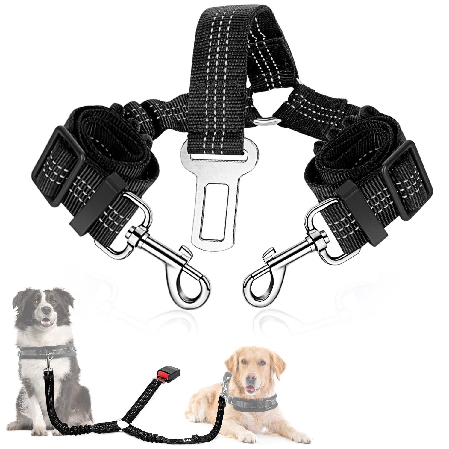 Double Dog Car Seatbelt, Dual Pet Vehicle Safety Seat Belt Adjustable Double