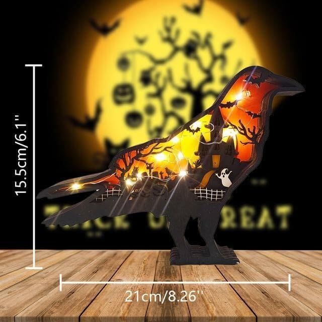 Halloween Wooden Pumpkin Crow Decoration with Light - Creative Decor for view 2