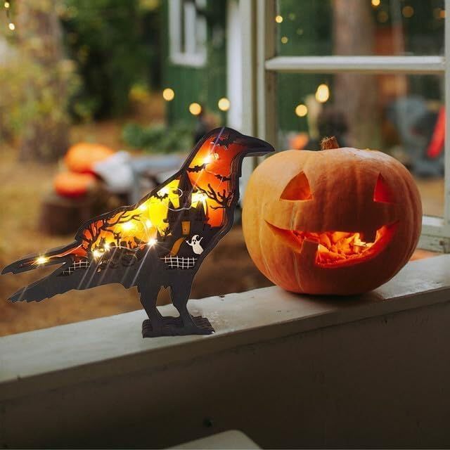 Halloween Wooden Pumpkin Crow Decoration with Light - Creative Decor for view 3
