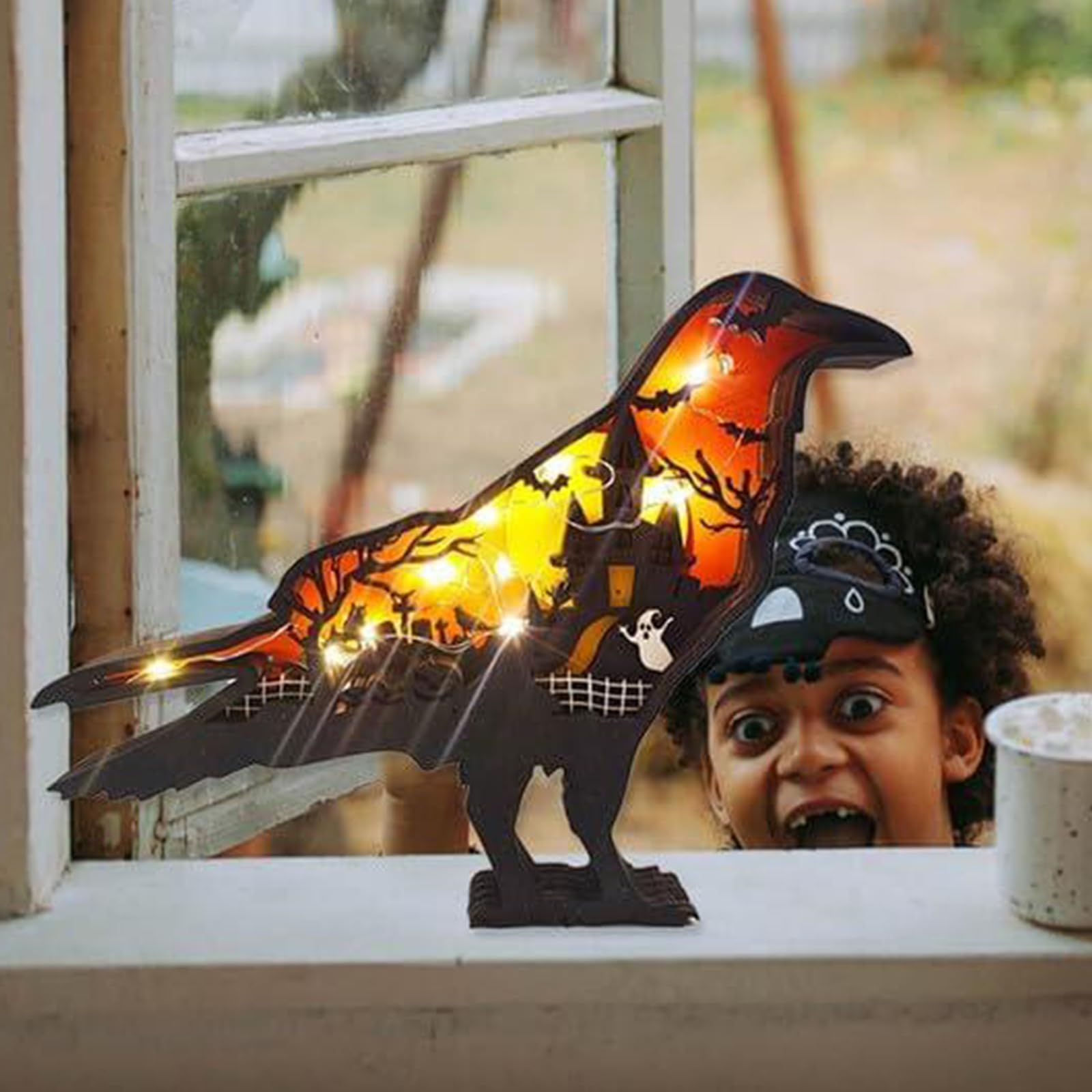 Halloween Wooden Pumpkin Crow Decoration with Light - Creative Decor for view 4