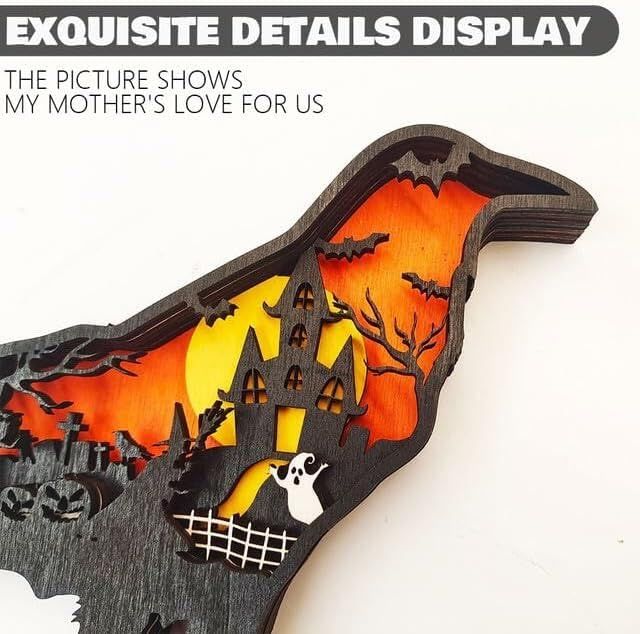 Halloween Wooden Pumpkin Crow Decoration with Light - Creative Decor for view 5