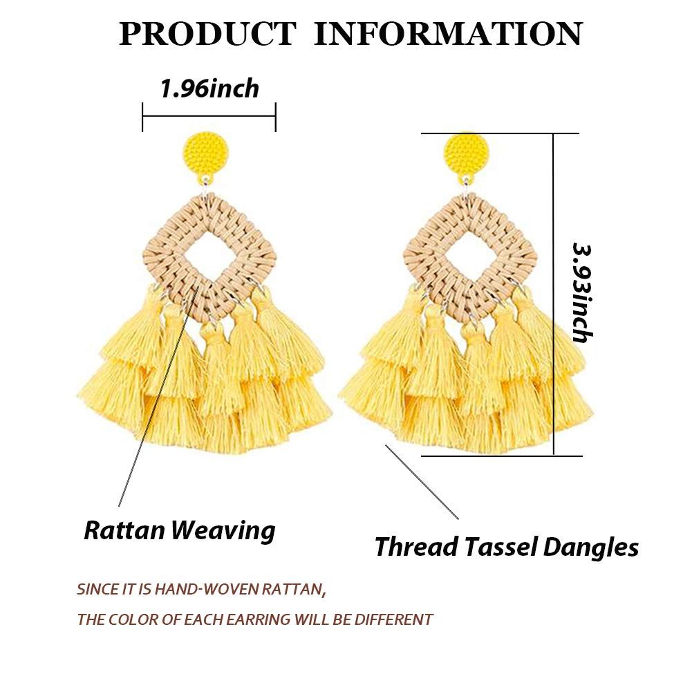 Rattan Tassel Earrings for Women Bohemian Statement Handmade Woven Drop Dangle view 2