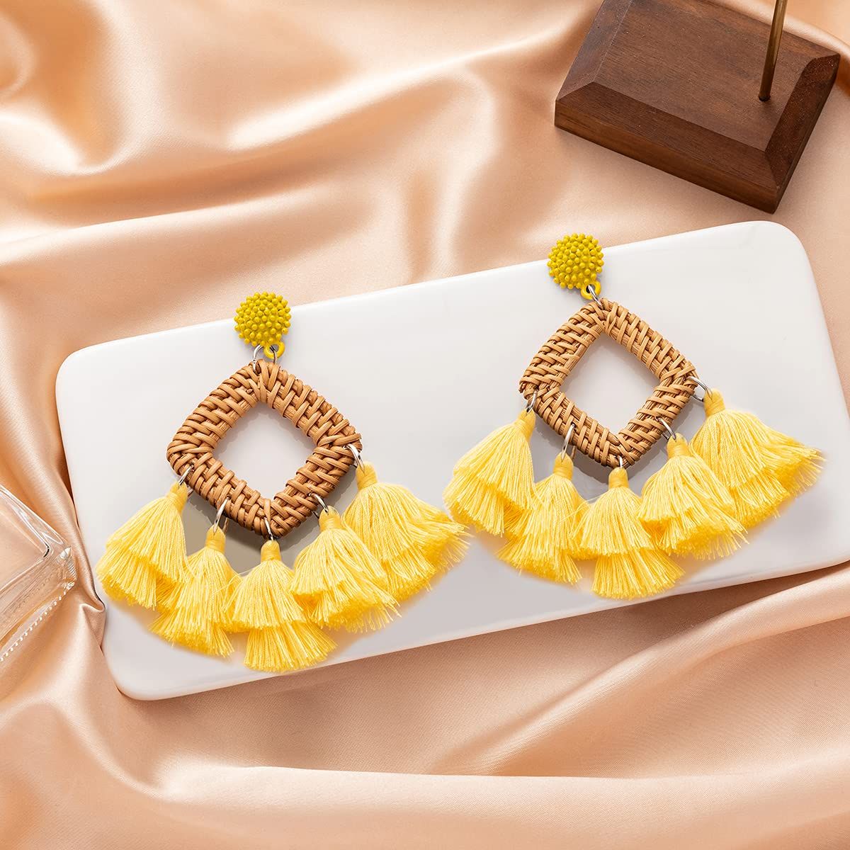 Rattan Tassel Earrings for Women Bohemian Statement Handmade Woven Drop Dangle view 3