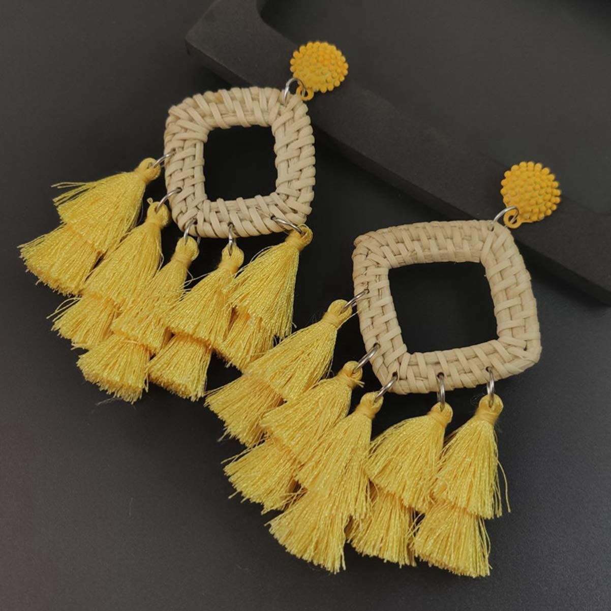 Rattan Tassel Earrings for Women Bohemian Statement Handmade Woven Drop Dangle view 5