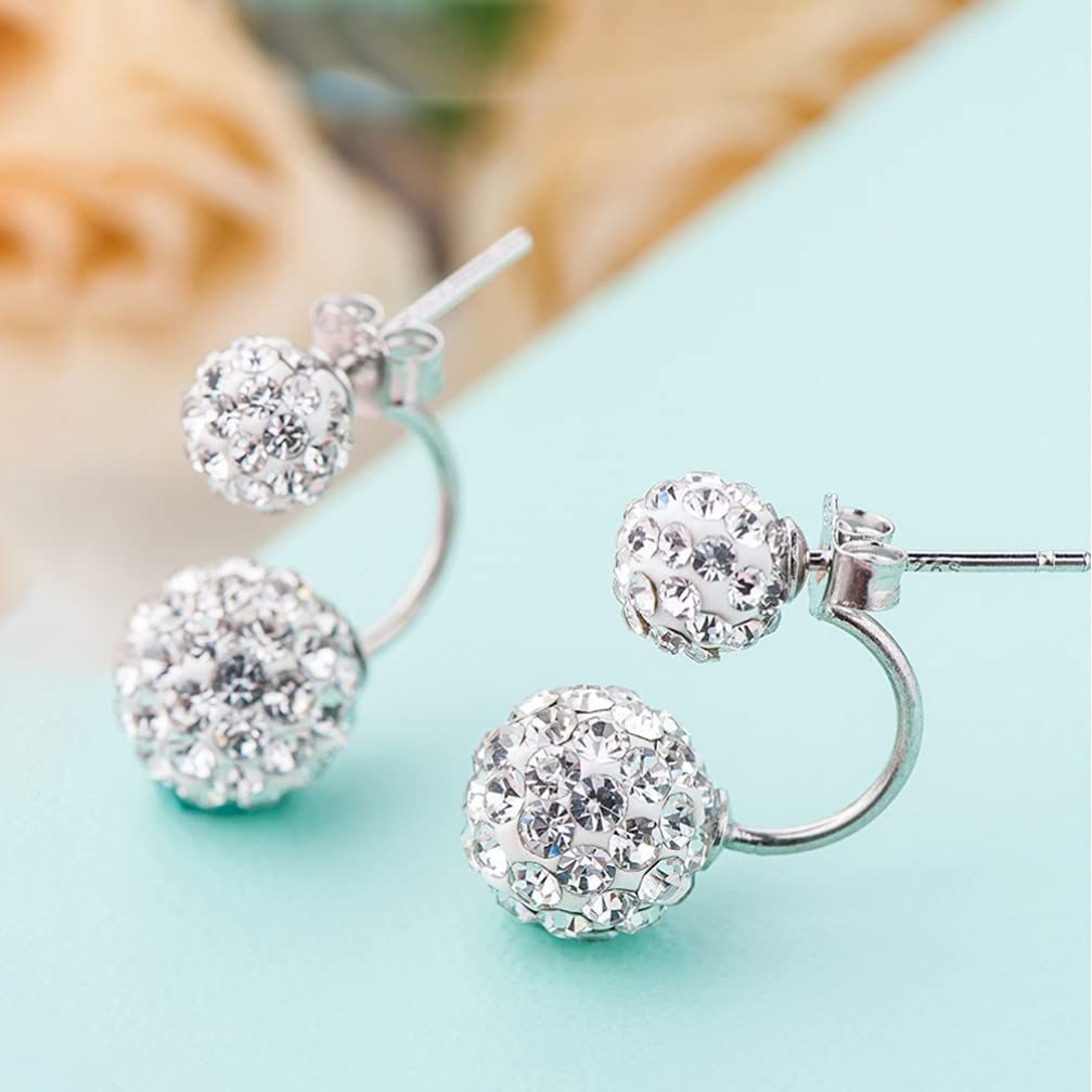Silver Double Ball Earrings 1 Pair Chic Round Rhinestones Crystal Ear Studs view 3