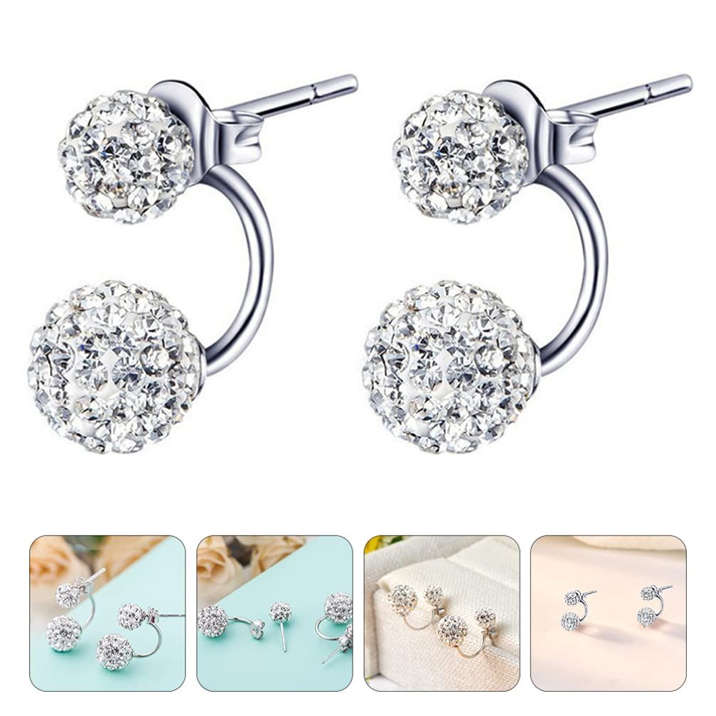 Silver Double Ball Earrings 1 Pair Chic Round Rhinestones Crystal Ear Studs view 4