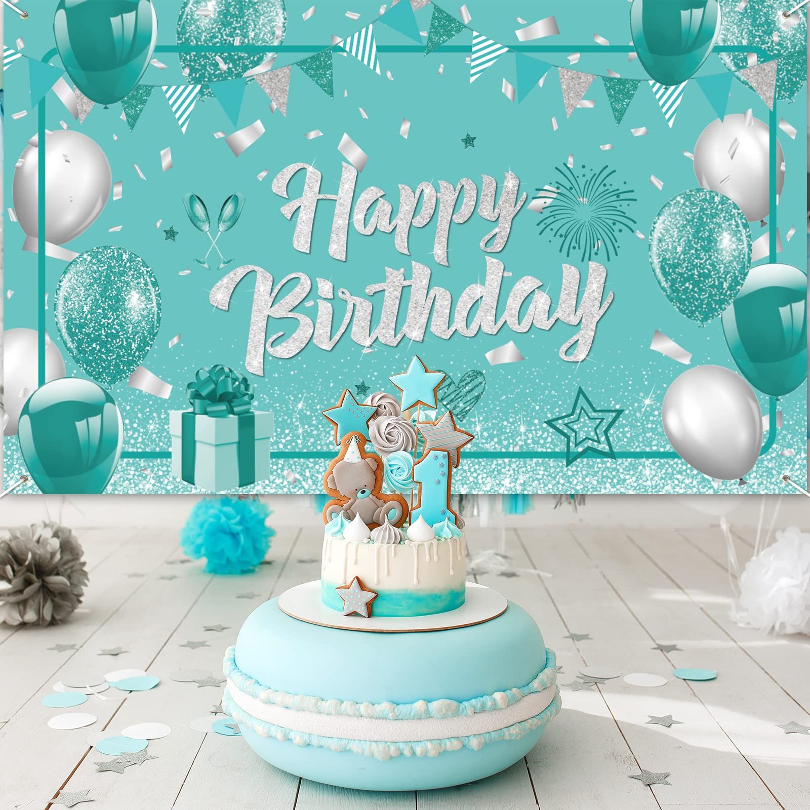 Teal Birthday Banner Turquoise and Silver Green Birthday Party Decorations