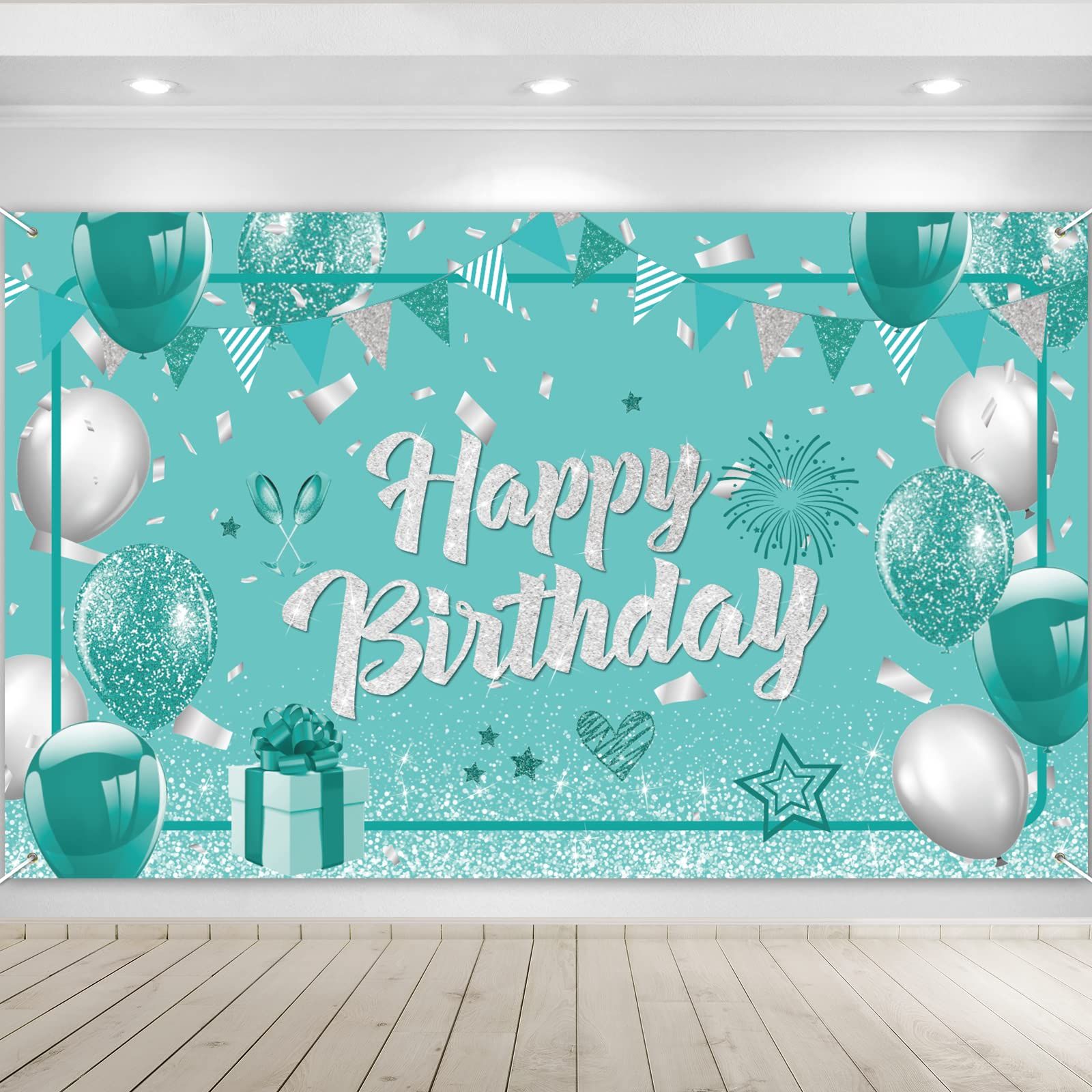 Teal Birthday Banner Turquoise and Silver Green Birthday Party Decorations view 2