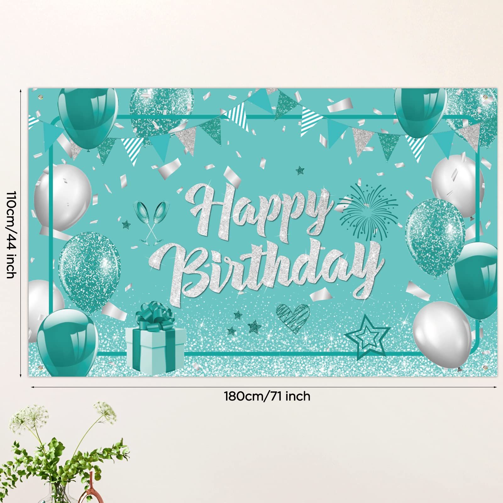 Teal Birthday Banner Turquoise and Silver Green Birthday Party Decorations view 3