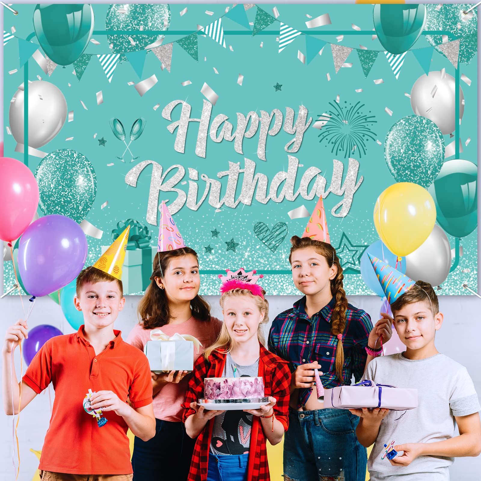 Teal Birthday Banner Turquoise and Silver Green Birthday Party Decorations view 5
