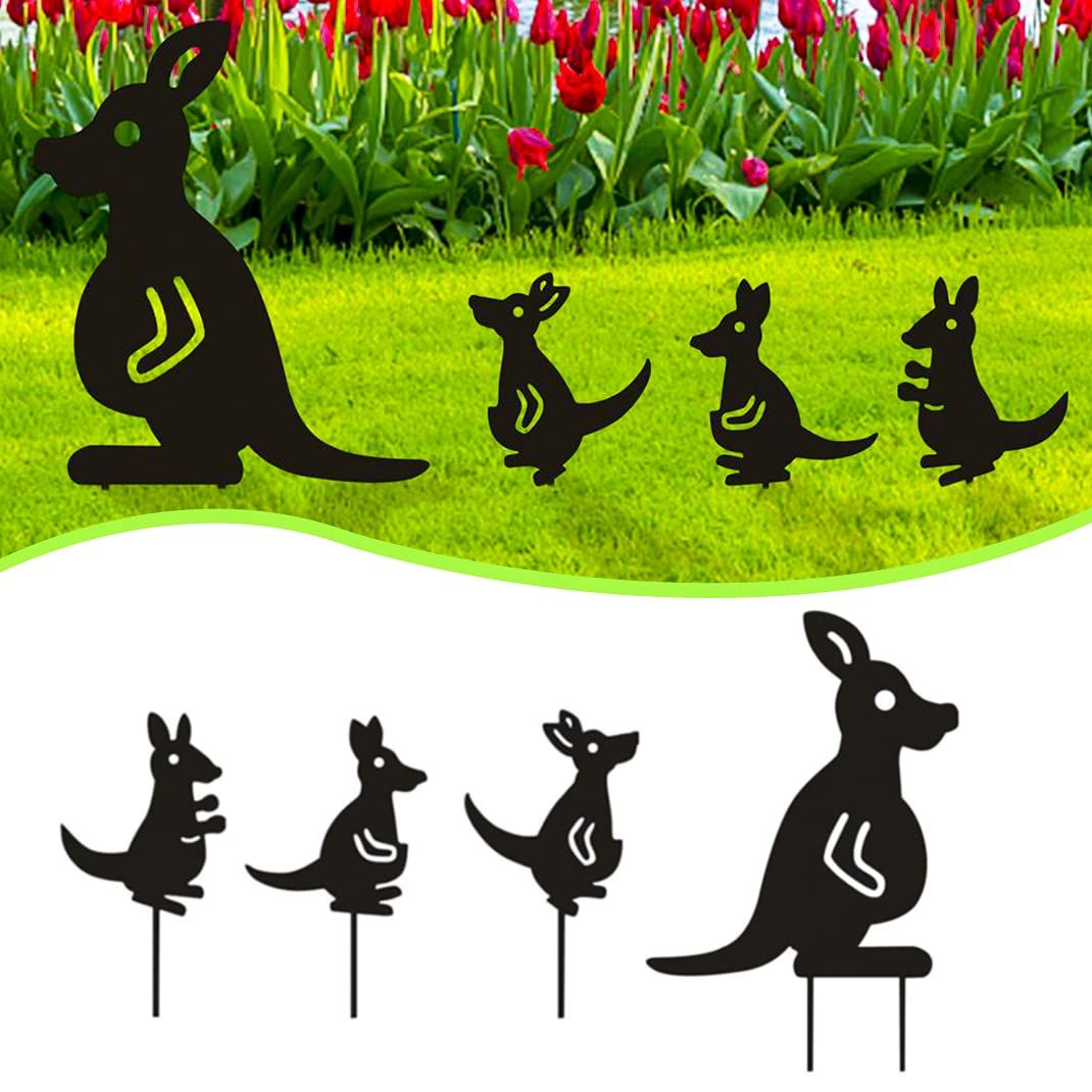 4Pcs Metal Garden Stakes Garden Decoration Kangaroo Family Animal Black