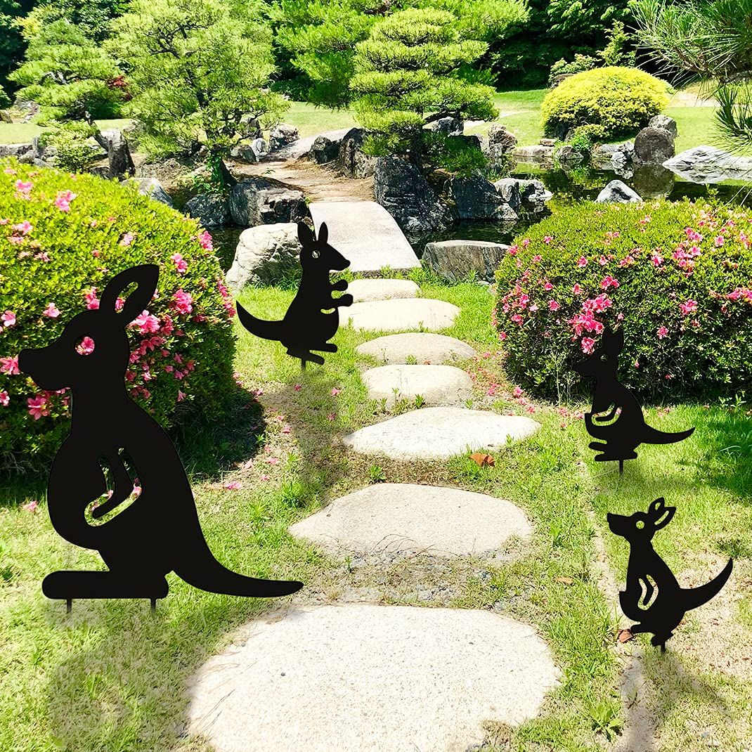 4Pcs Metal Garden Stakes Garden Decoration Kangaroo Family Animal Black view 4