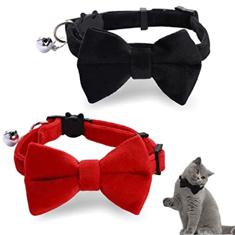 2 Pcs Velvet Cat Collar with Bell and Bowtie