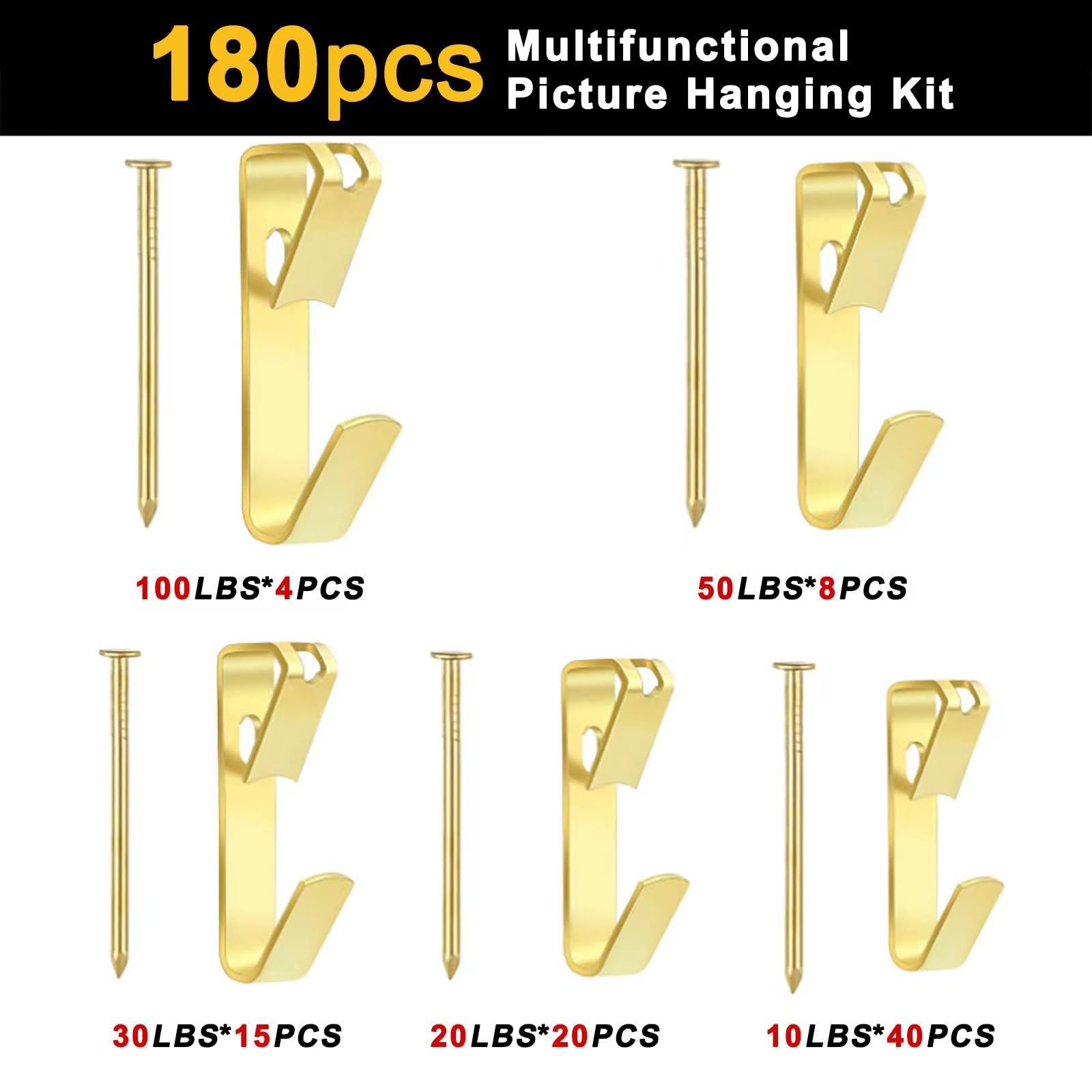 Picture Hangers, 180pcs Picture Hooks with Nails, 10-100lbs Picture Hanging view 2