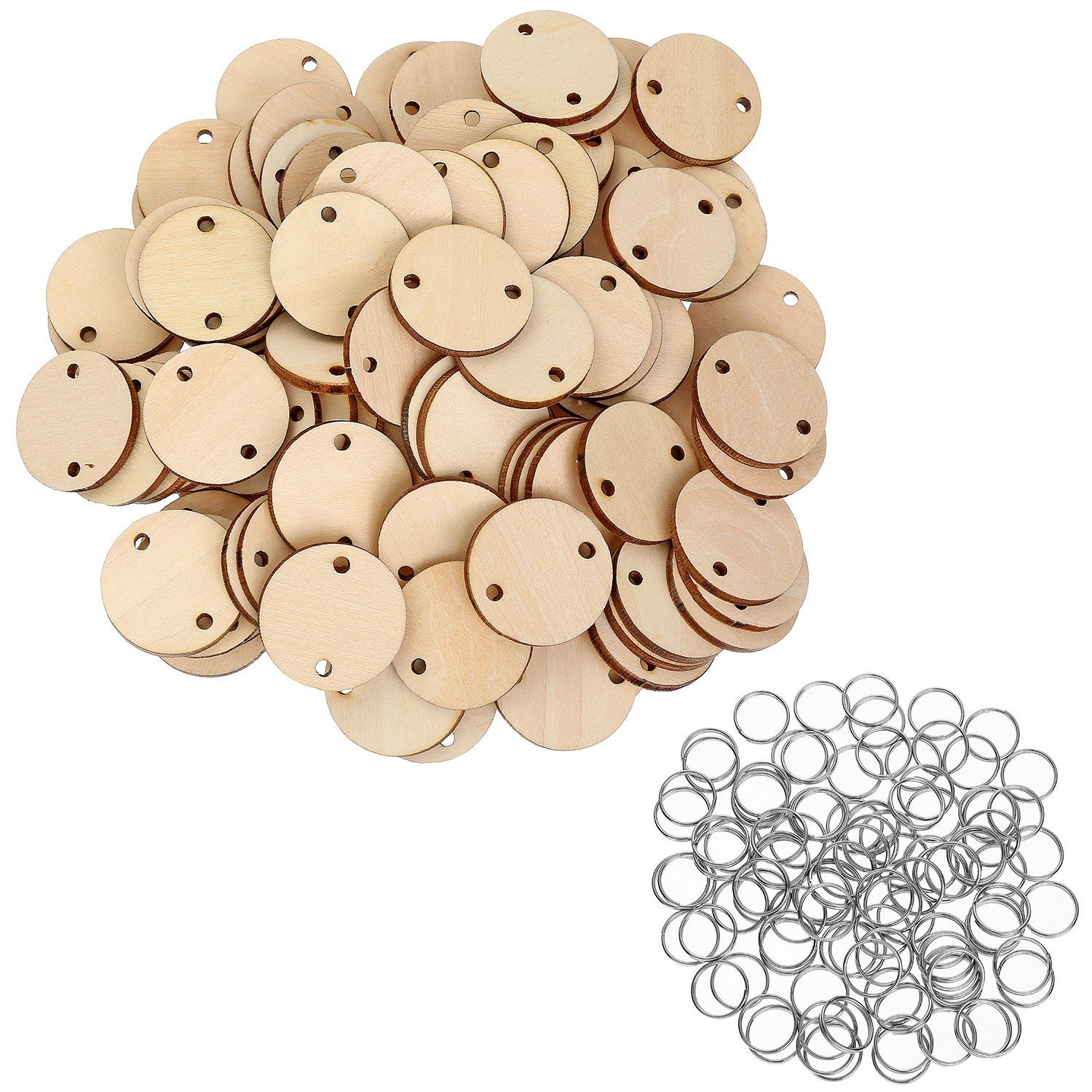 100 Pieces Round Wooden Discs with Holes Birthday Board Tags and 100 Pieces 15