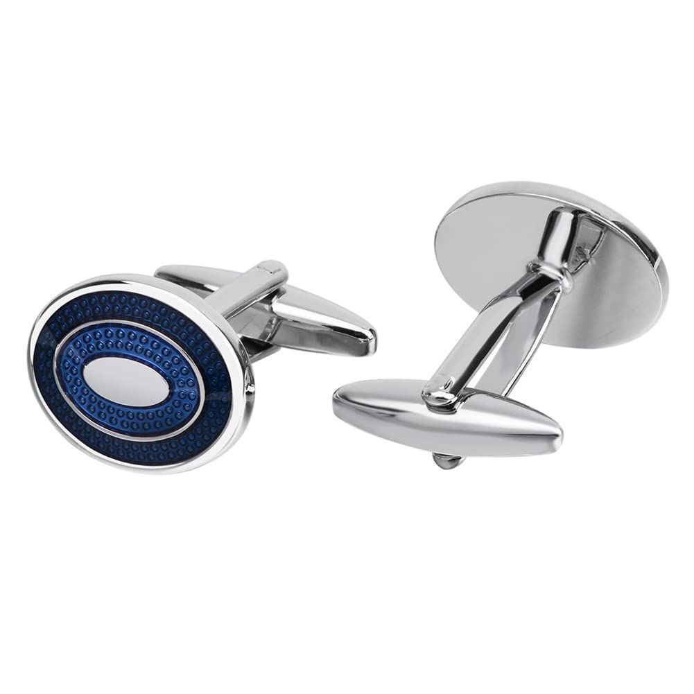 Oval Navy Blue Cufflinks for Men Silver Plated view 3