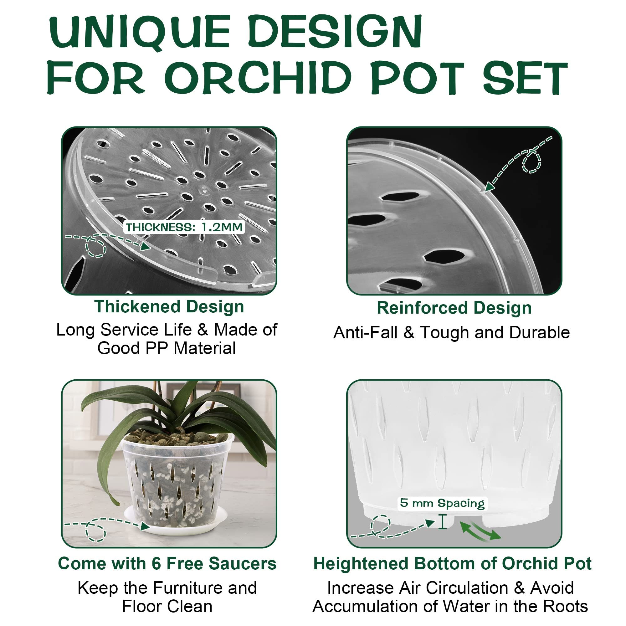 Orchid Pot, 5 Inch 6 Pack Orchid Pots with Holes and Saucers, Clear Plastic view 3