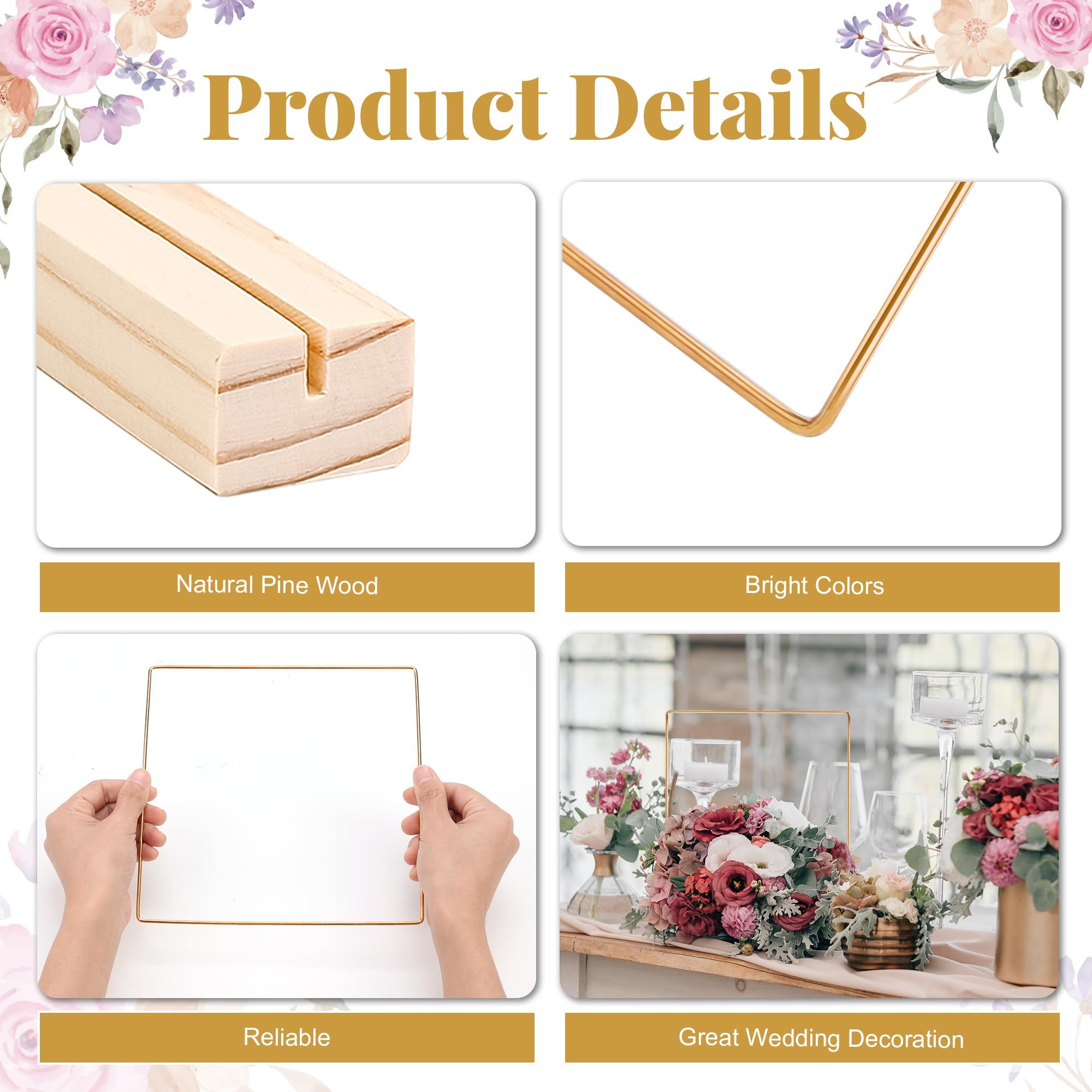 10 PCS 8 Inch Square Metal Floral Hoop Centerpiece for Table with Wooden Place view 3