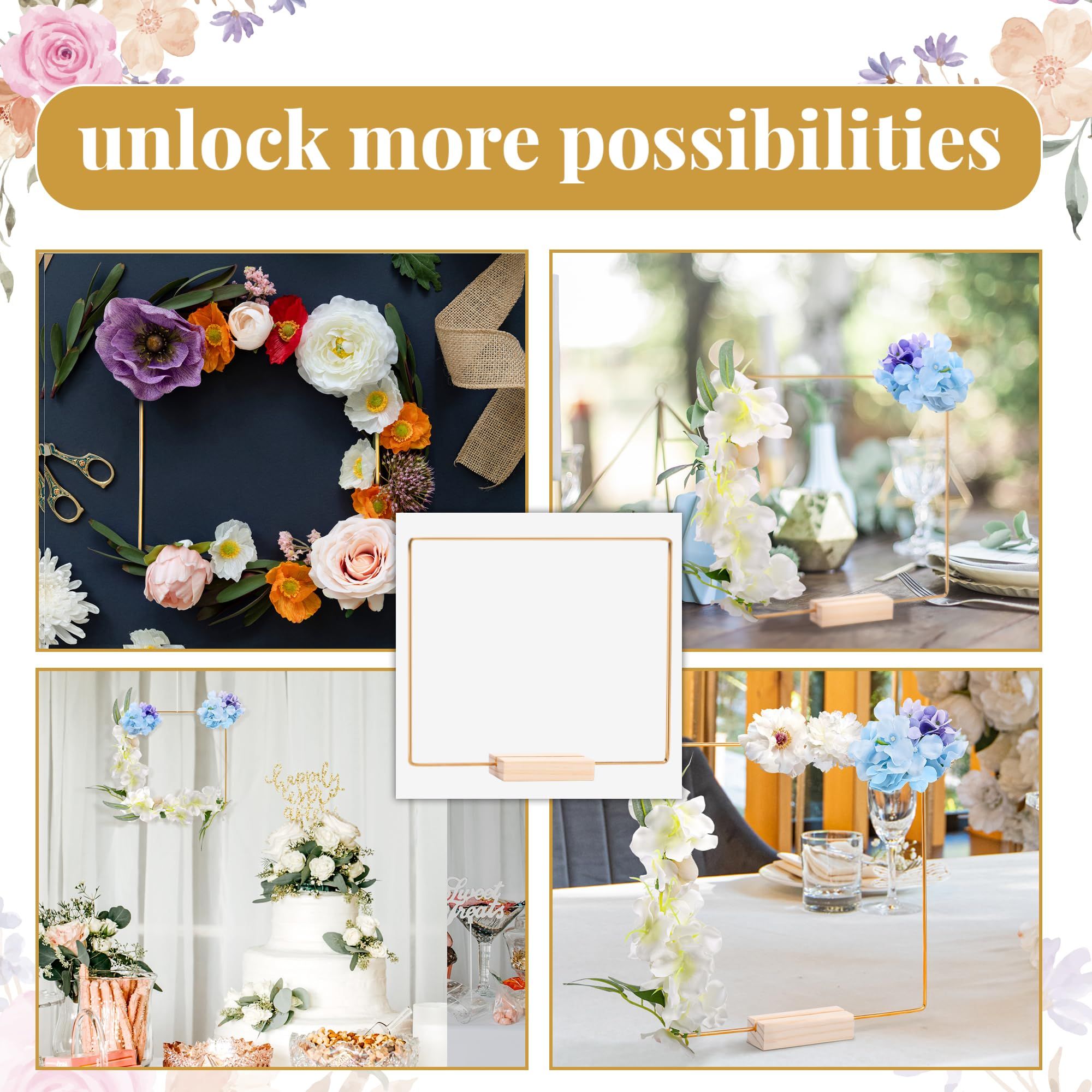 10 PCS 8 Inch Square Metal Floral Hoop Centerpiece for Table with Wooden Place view 4