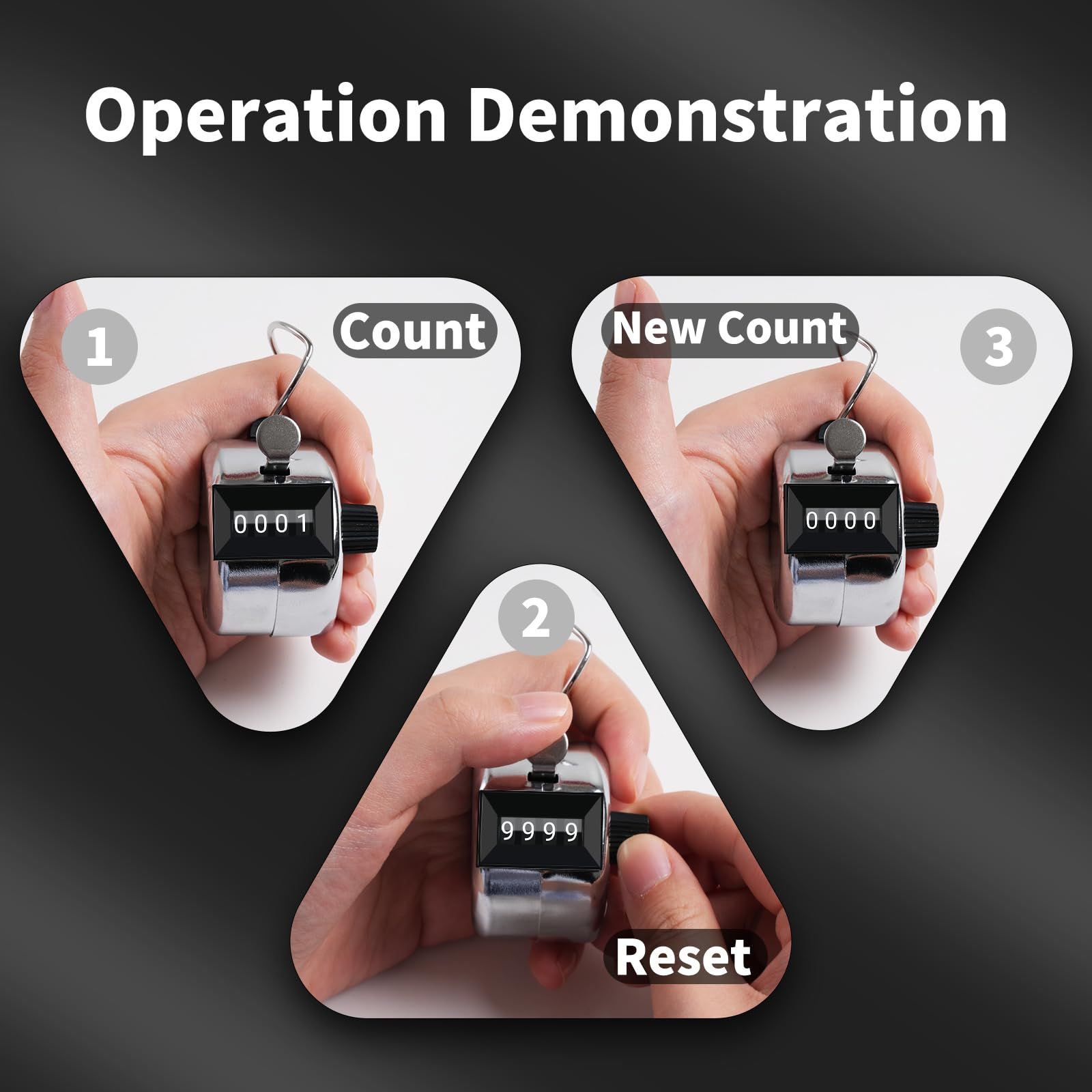 Clicker Counter, Metal Hand Tally Counter Clicker with 4 Digit Display, Pitch view 3