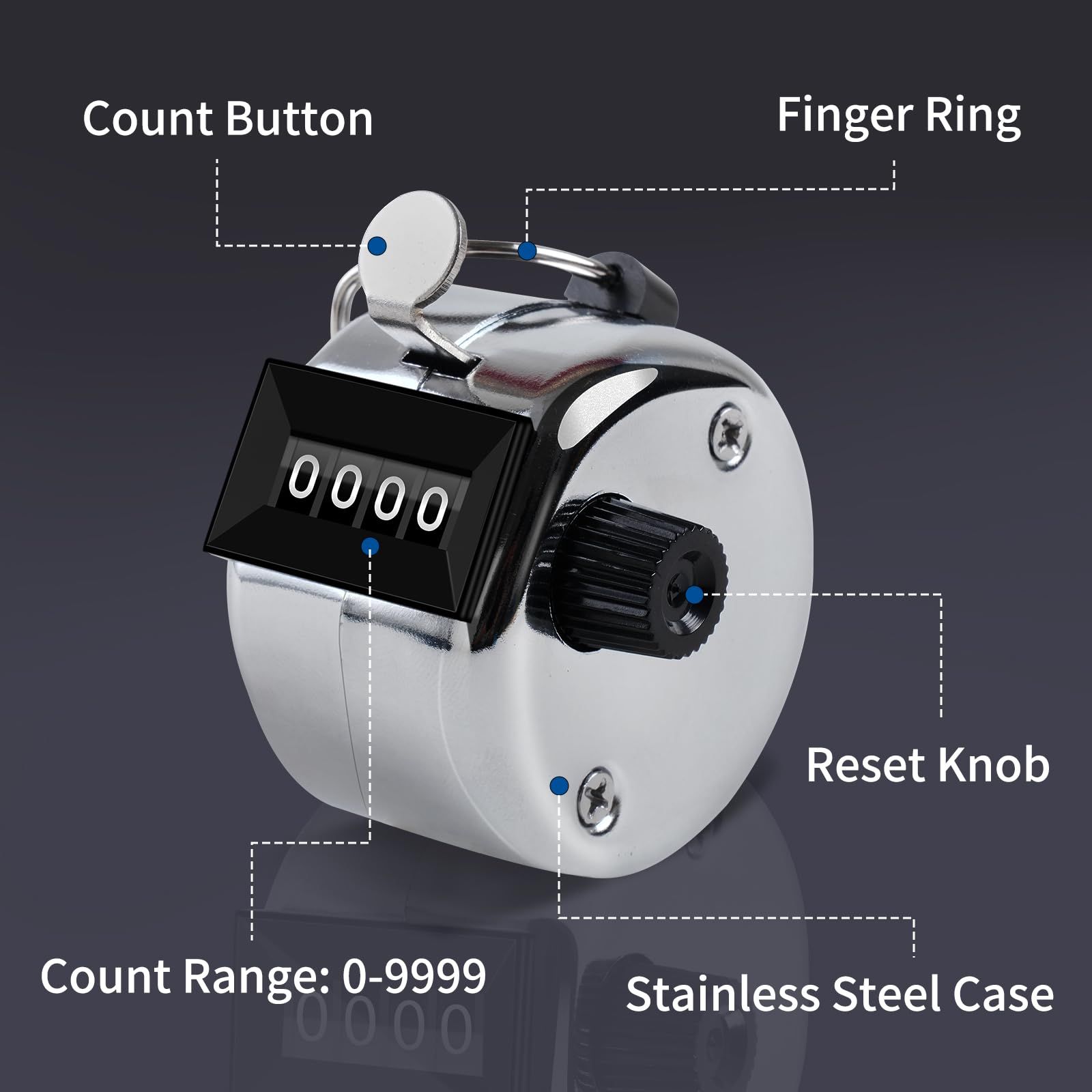 Clicker Counter, Metal Hand Tally Counter Clicker with 4 Digit Display, Pitch view 4