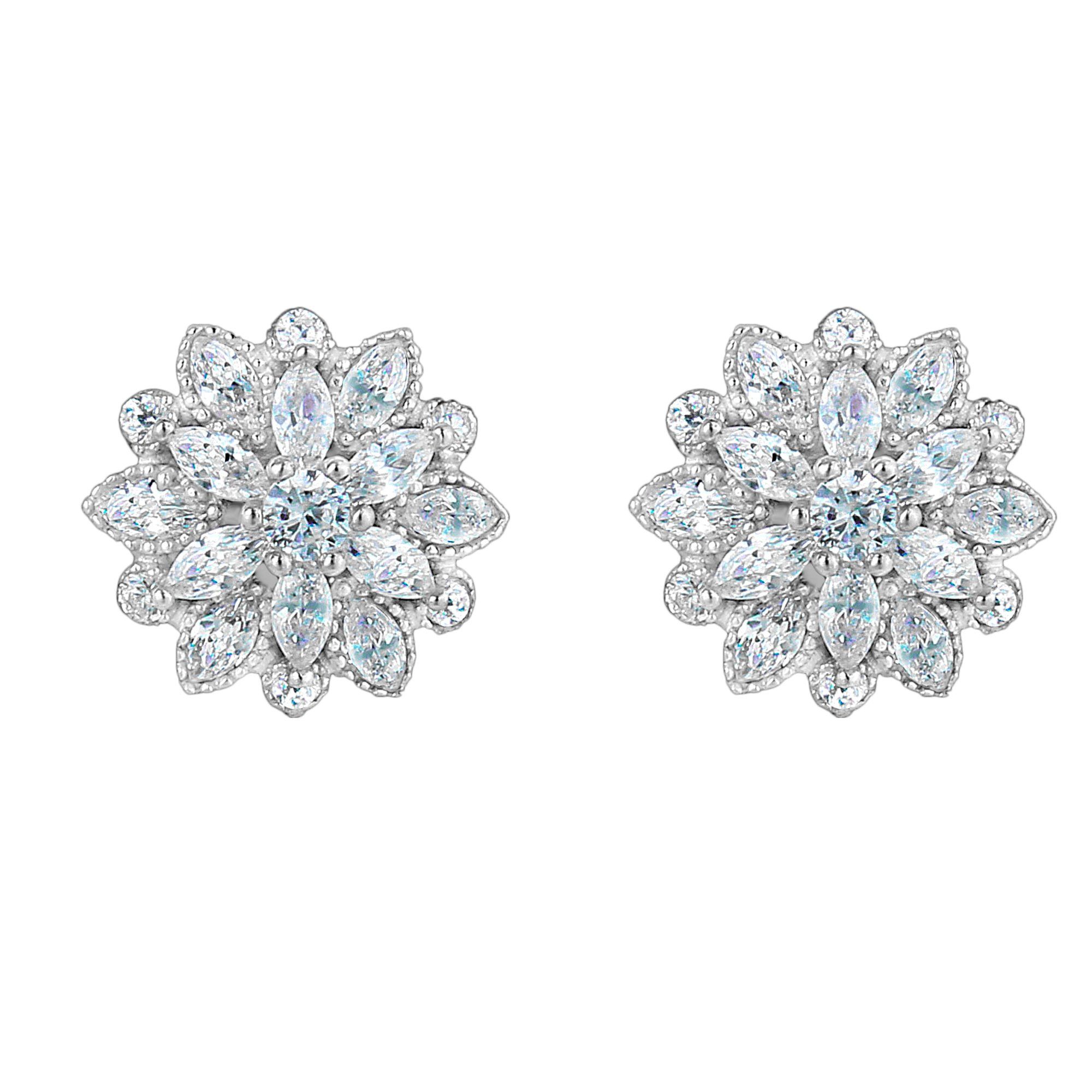 Full Cubic Zirconia Bridal Flower Stud Earrings 15mm for Women Girl