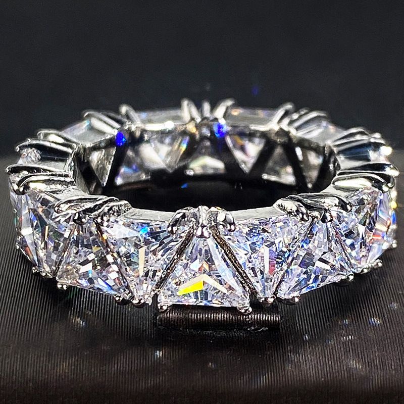 White Plated Row Emerald Cut Triangle Shape Wedding Diamond Band Rings
