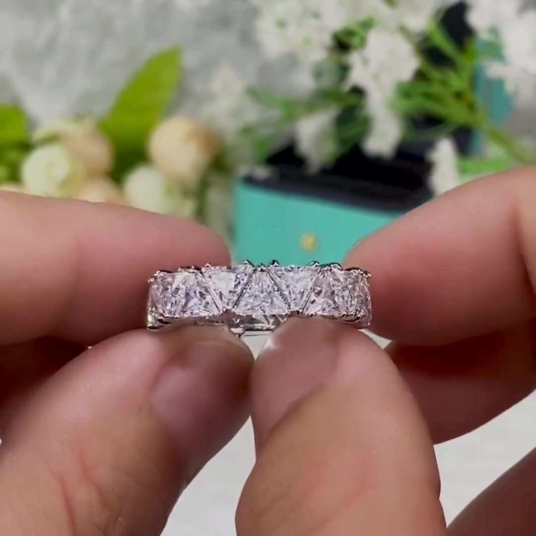 White Plated Row Emerald Cut Triangle Shape Wedding Diamond Band Rings view 5
