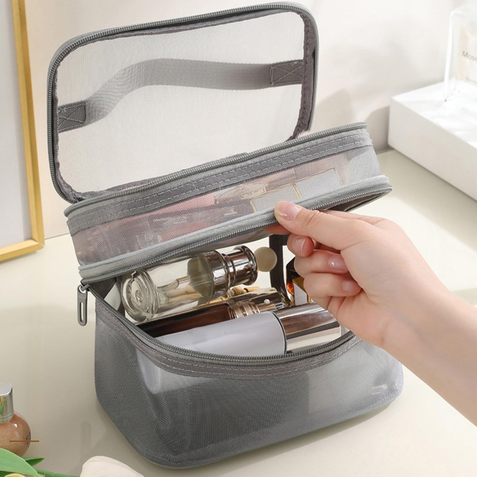 Double Layer Travel Makeup Bag Mesh Bag for Women view 3