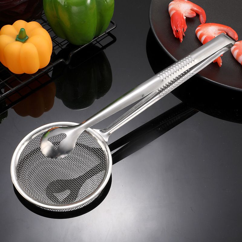 2 in 1 Stainless Steel Fine Mesh Strainer With Clip Tongs Oil Filter Spoon view 2