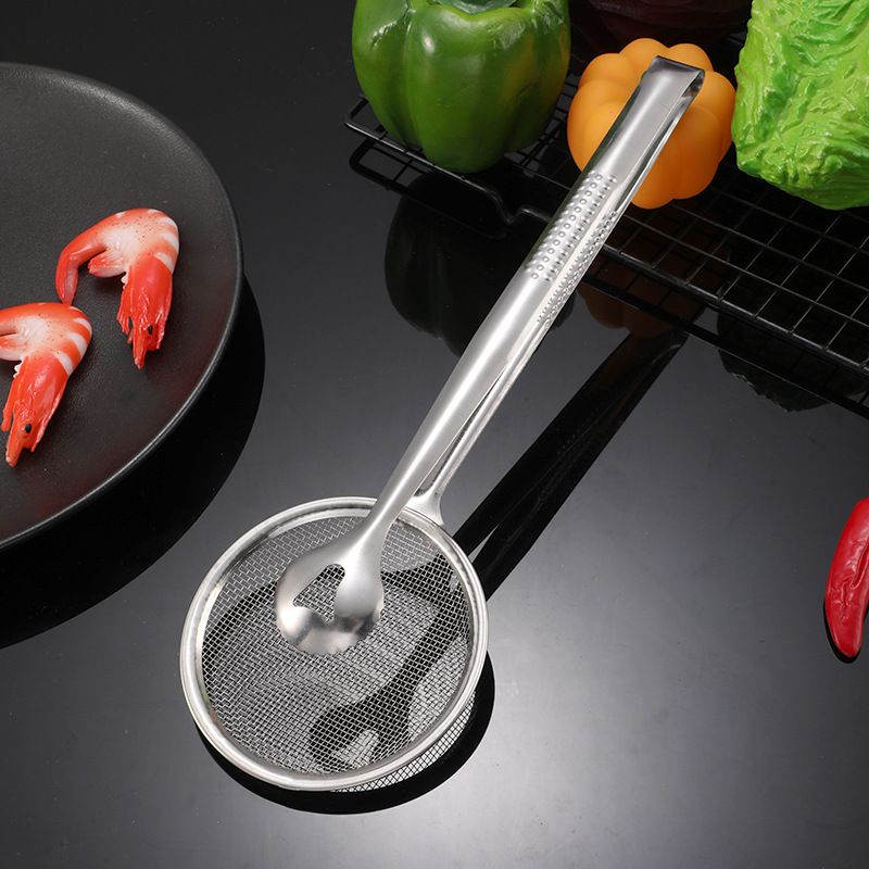 2 in 1 Stainless Steel Fine Mesh Strainer With Clip Tongs Oil Filter Spoon view 3