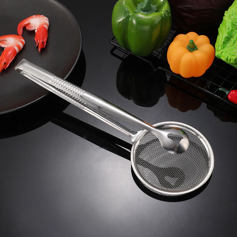 2 in 1 Stainless Steel Fine Mesh Strainer With Clip Tongs Oil Filter Spoon view 4