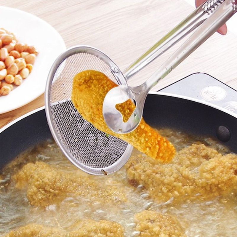 2 in 1 Stainless Steel Fine Mesh Strainer With Clip Tongs Oil Filter Spoon view 5