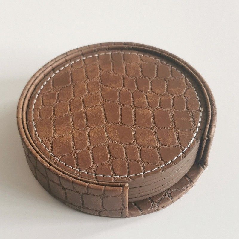 Coasters for Drinks - Set of 6 Absorbent Leather Coasters with Coaster Holder