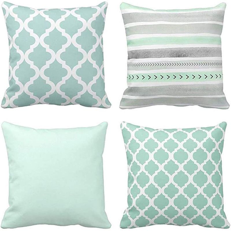 Set of 4 Throw Pillow Covers Mint Moroccan Green Quatrefoil Gray Watercolour