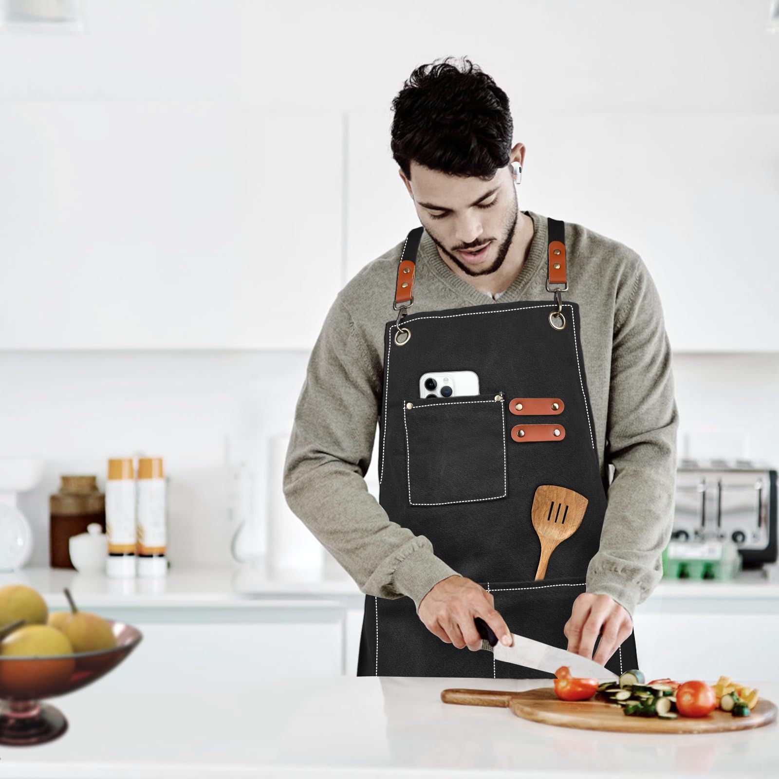 Cross-Back Chef Aprons for Men Women with Pockets view 4