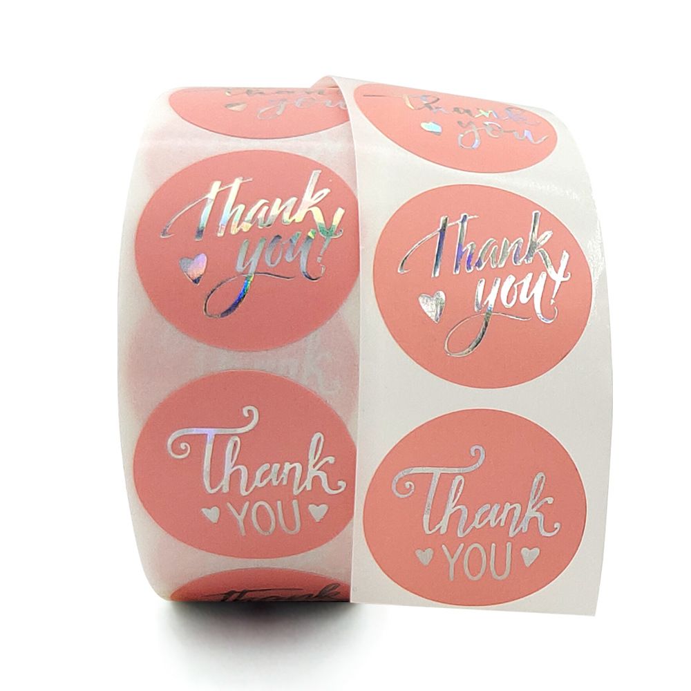 Pink Silver Thank You Stickers in1.5" in 1 Roll for Festival Cards Floral Bouquets view 2