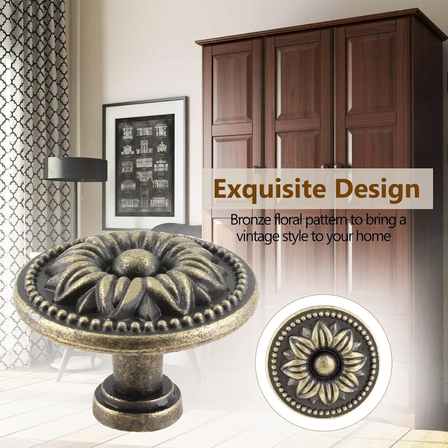 Antique Bronze Floral Drawer Knob Dresser Pull Cabinet Knob Kitchen Door Knob view 5