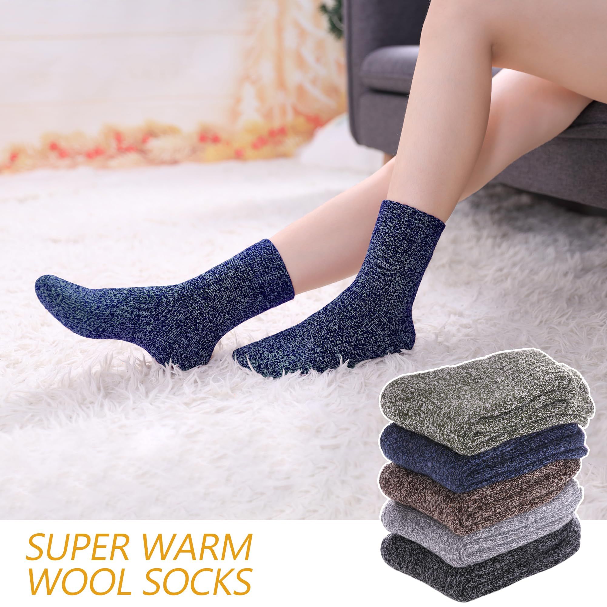 Men's Wool Socks 5 Pack Thermal Socks for Winter Soft Cozy Crew Socks for view 5