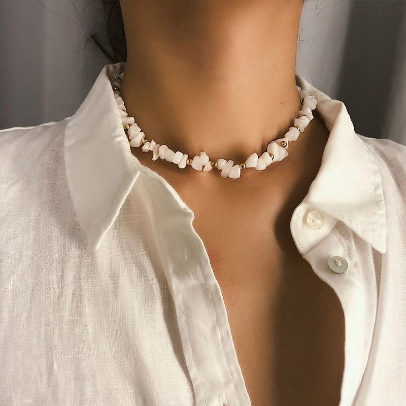 Boho White Shell Necklace for Women Natural Stone Choker Irregular Beaded view 3