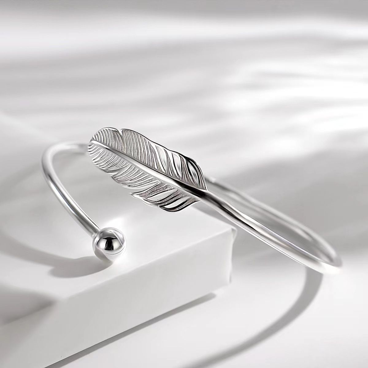 Silver Leaf Feather Bangle Bracelet Bohemian style Fashion Charms Bracelets view 4