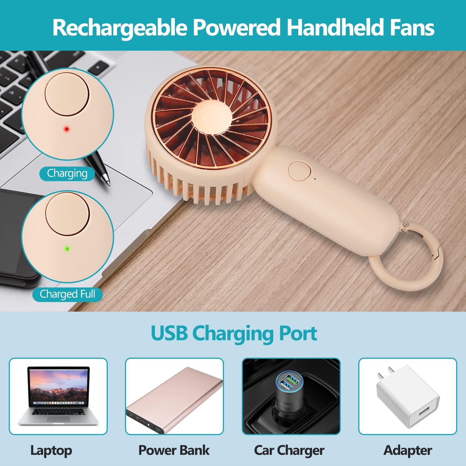 Mini Portable Fan, Handheld Fan Rechargeable with 3 Speed Adjustable Low Noise view 3