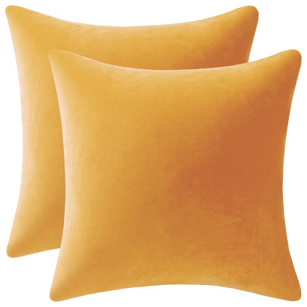 Couch Pillow Covers 18x18 Yellow: 2 Pack Cozy Soft Velvet Square Throw Pillow