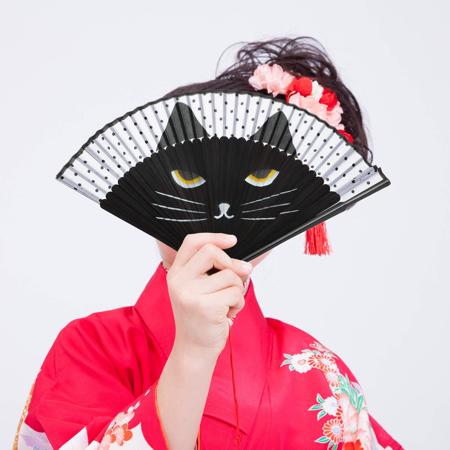 Cartoon Cat Hand Fans Folding Fan Hand Held Silk Fan Handheld Fan Black Cat view 4
