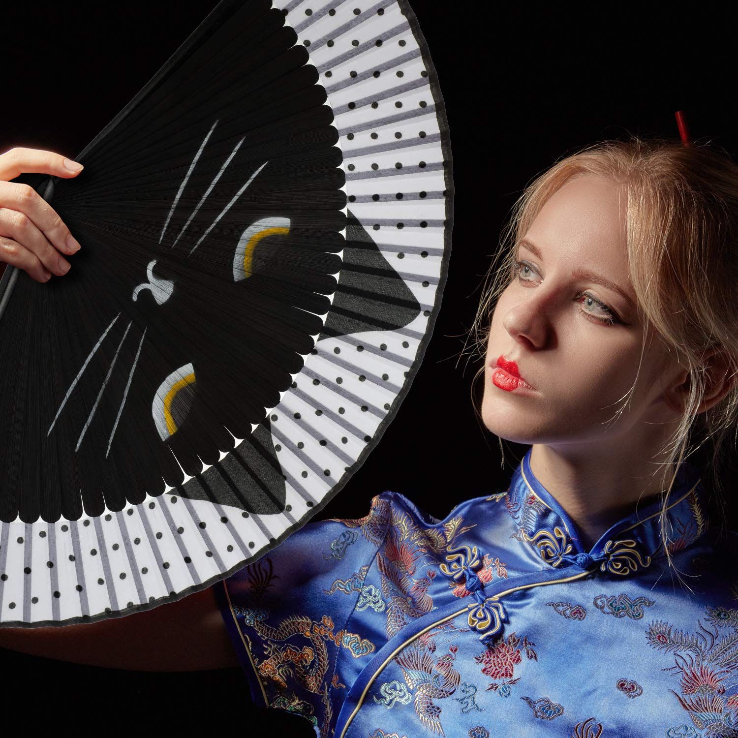 Cartoon Cat Hand Fans Folding Fan Hand Held Silk Fan Handheld Fan Black Cat view 5