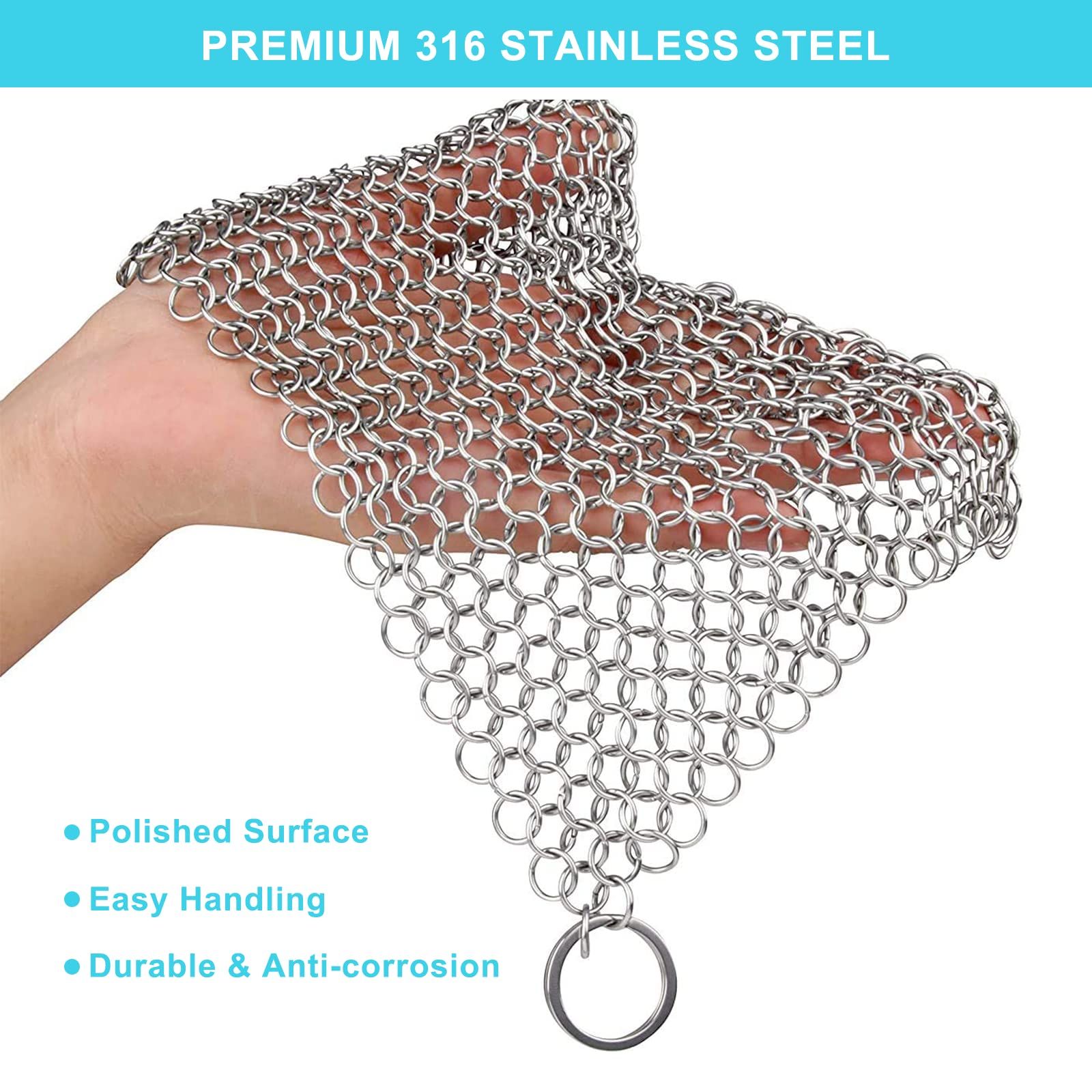 Premium Stainless Steel 316L Chainmail Scrubber for Cast Iron Pan Pre-Seasoned view 5